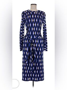 Diane Von Furstenberg Geometric Blue and Black Long Sleeve Tie Dress LIKE NEW!